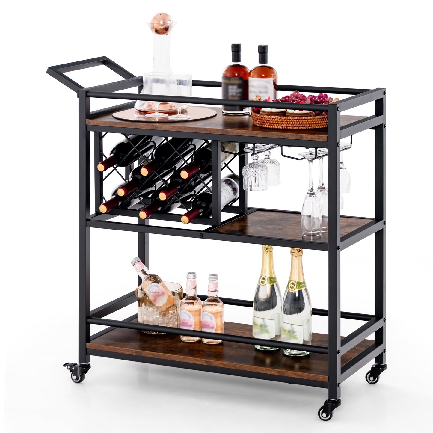 3-tier Bar Cart on Wheels Home Kitchen Serving Cart with Wine Rack and Glasses Holder-Rustic Brown - Rustic Brown