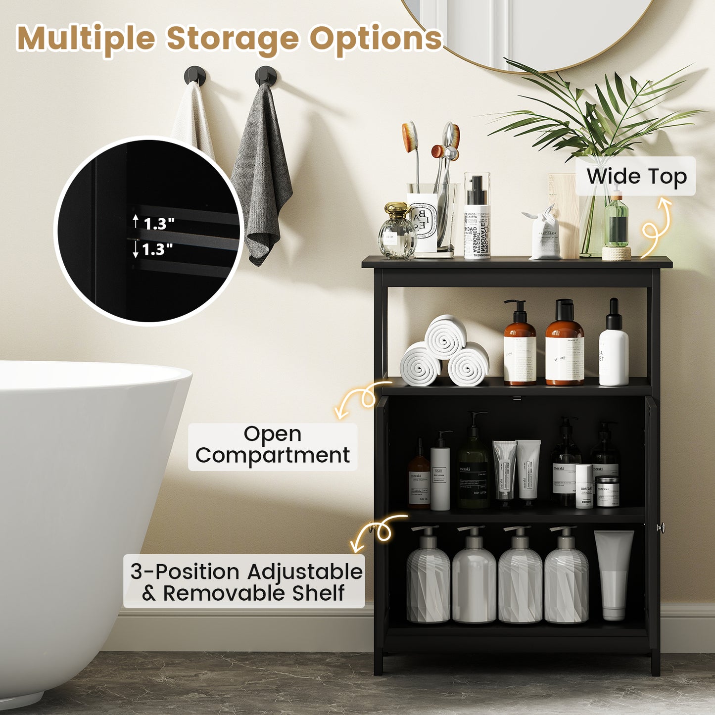Bathroom Floor Cabinet Freestanding Storage Organizer with Open Compartment