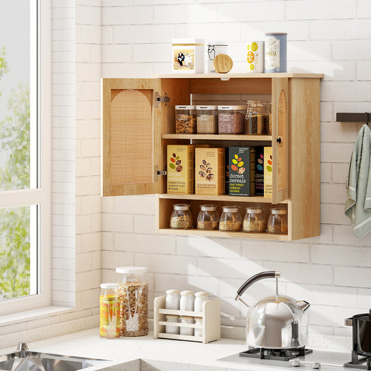 Bathroom Wall Cabinet with PE Rattan Doors and Adjustable Shelves-Natural