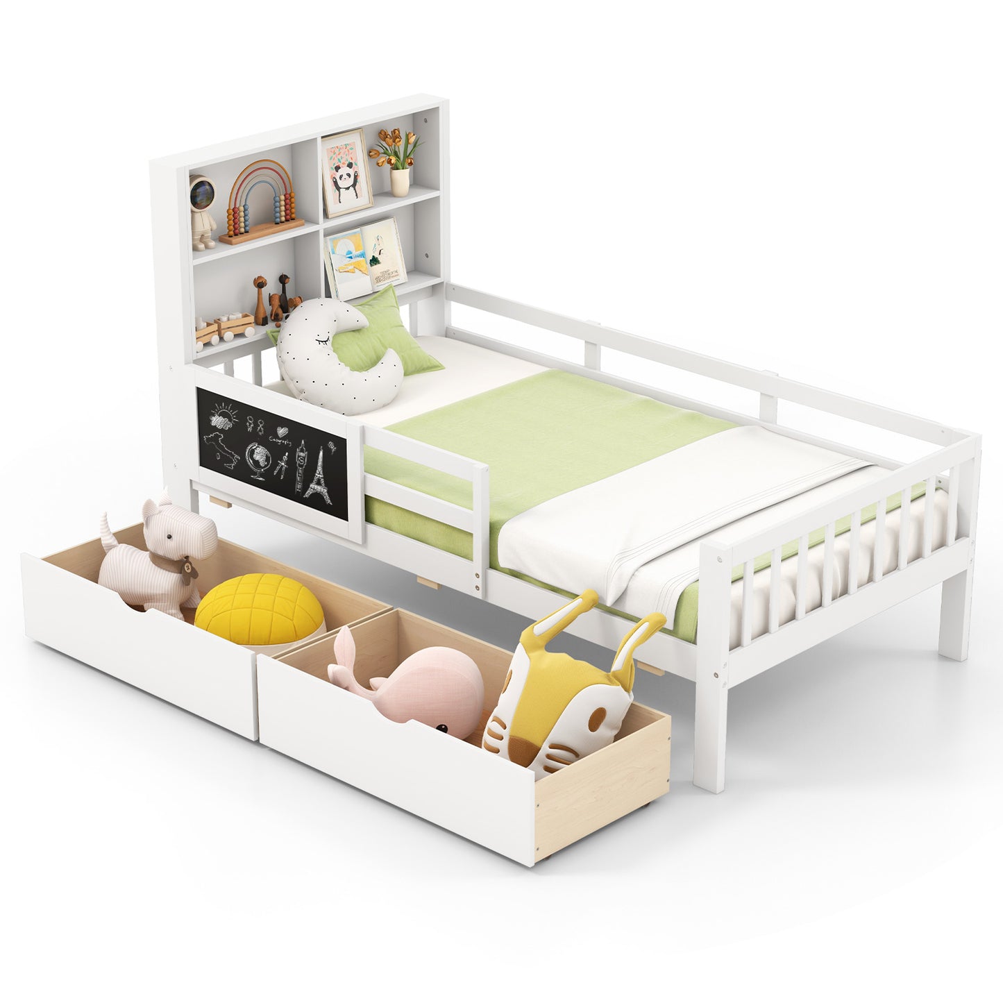 Twin/Full Size Bed Frame with 2 Drawers and Bookcase for Boys and Girls-Twin Size - Twin Size
