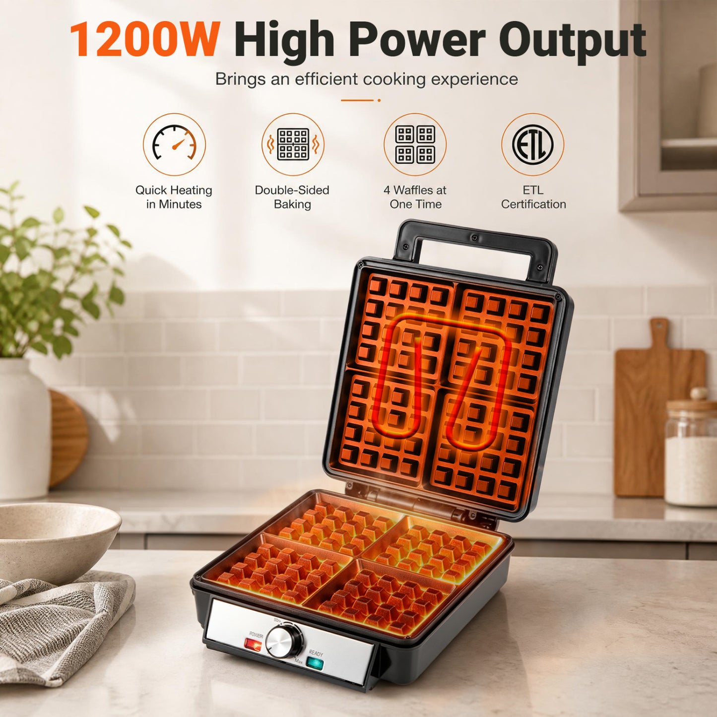 4-Slice Belgian Waffle Maker 1200W with Browning Control