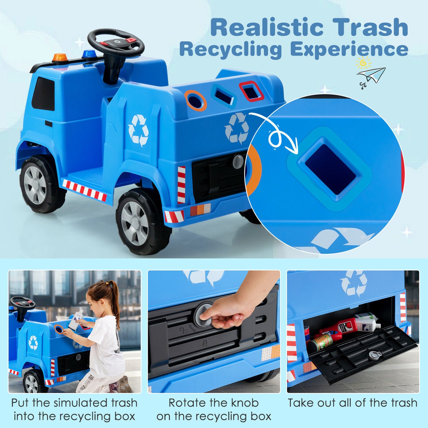 12V Kids Ride-on Garbage Truck with Warning Lights and 6 Recycling Accessories-Green - Blue