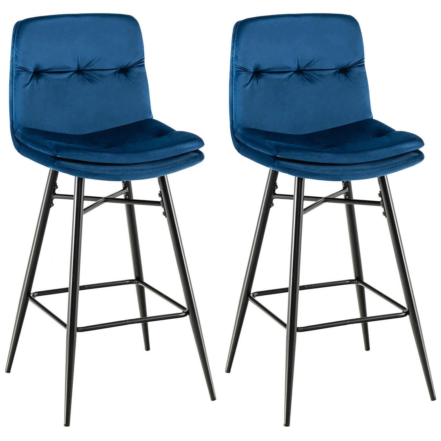 2 Pieces 29 Inch Velvet Bar Stools Set with Tufted Back and Footrests-Blue - Blue