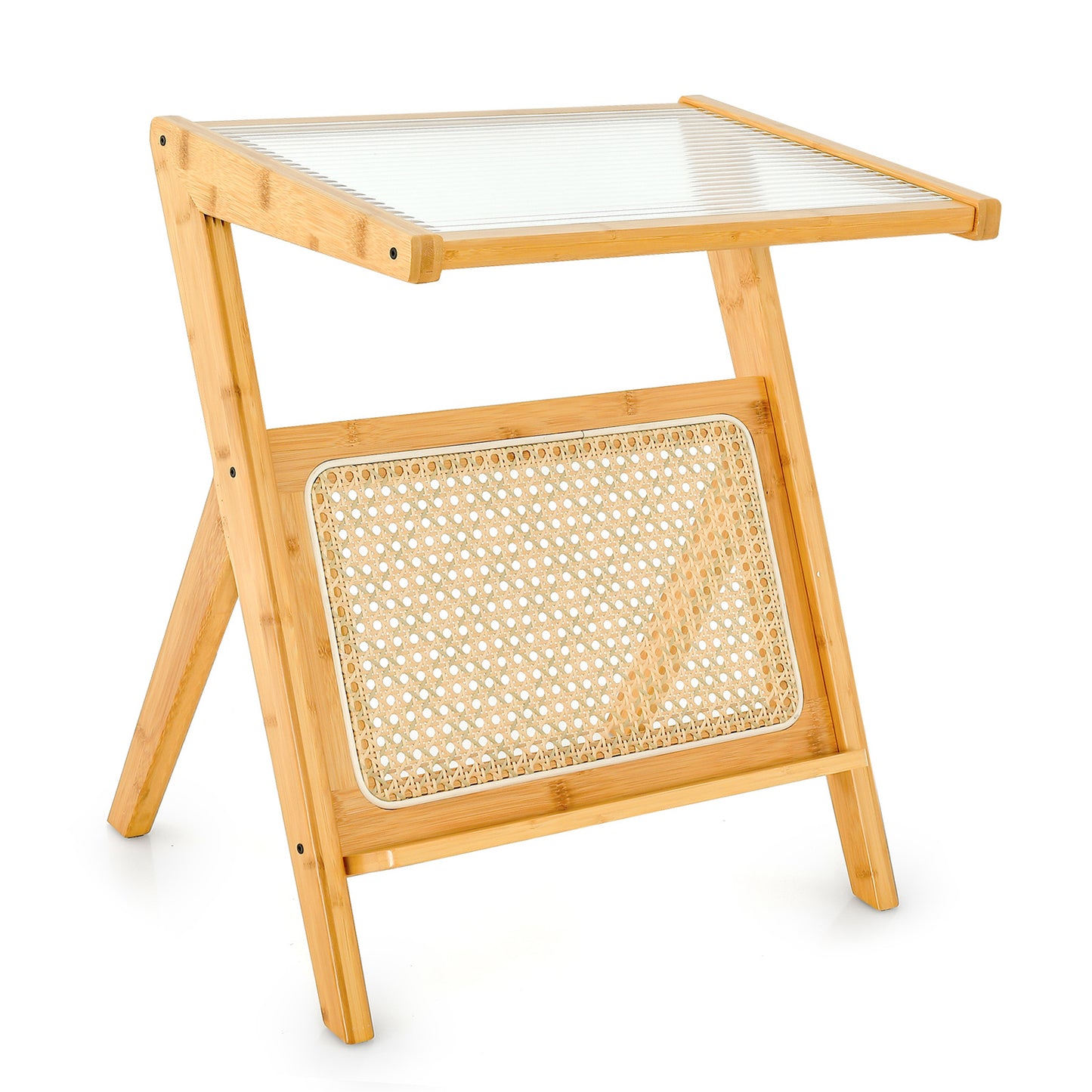 Boho End Table with Magazine Rack and Tempered Glass Top-Natural - Natural