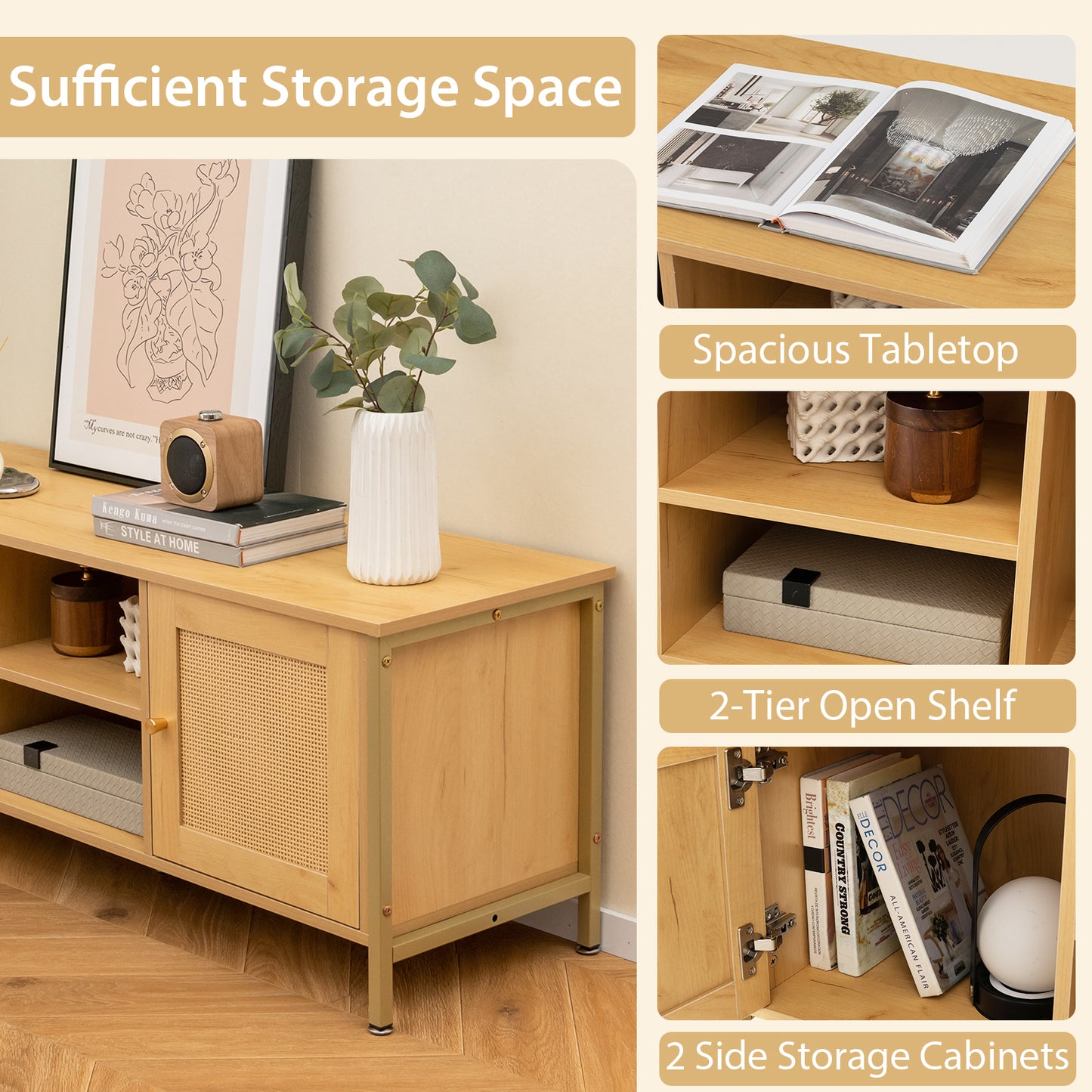 Boho TV Stand for TV up to 55 Inches with Faux Rattan Door-Natural