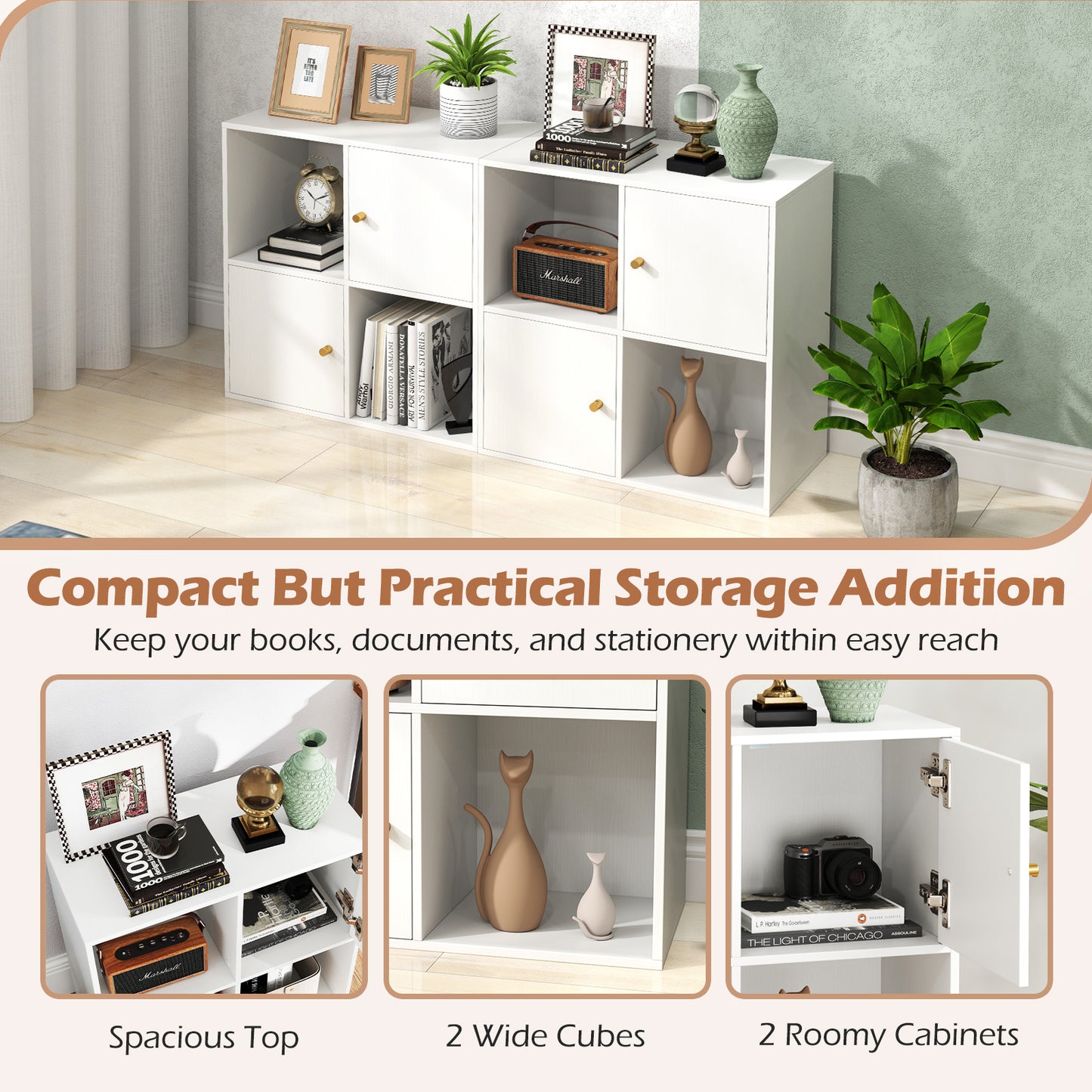 4-Cube Bookcase 3-Tier Bookshelf with Dual Anti-Tipping Kits and 2 Cabinets-White