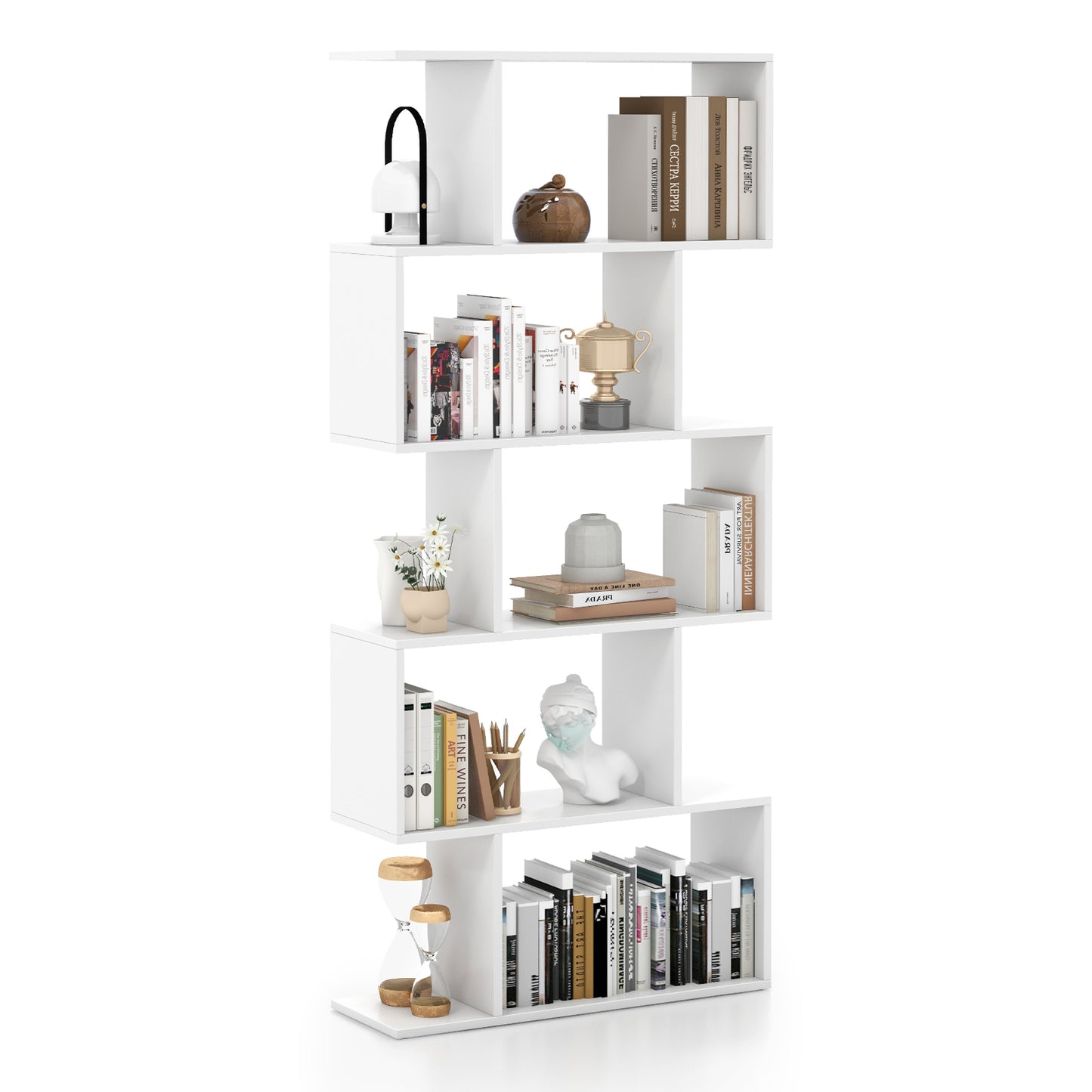 5-Tier Bookshelf with Anti-Toppling Device for Living Room Home Office-Black - White