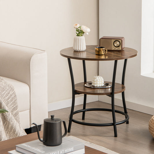 2-Tier Round End Table with Open Storage Shelf and Sturdy Metal Frame-Brown