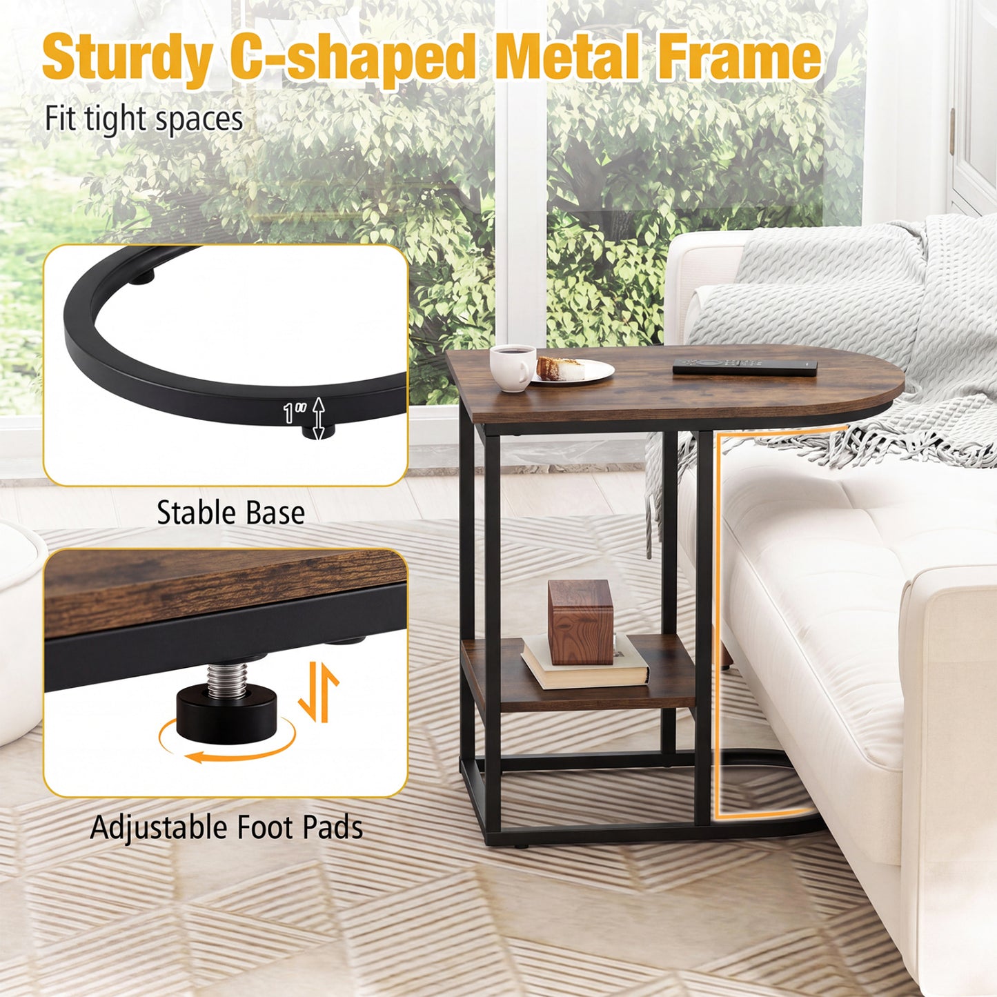 C-Shaped Side Table with Storage Shelf and Marble Top