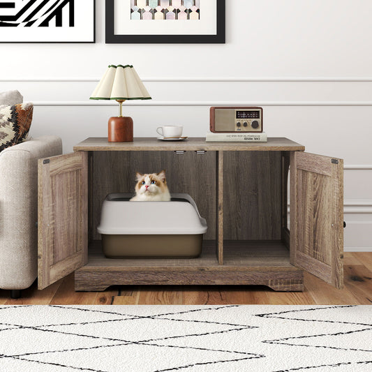 Cat Litter Box Enclosure Furniture Indoor Wooden Cat House End Side Table Nightstand-Gray