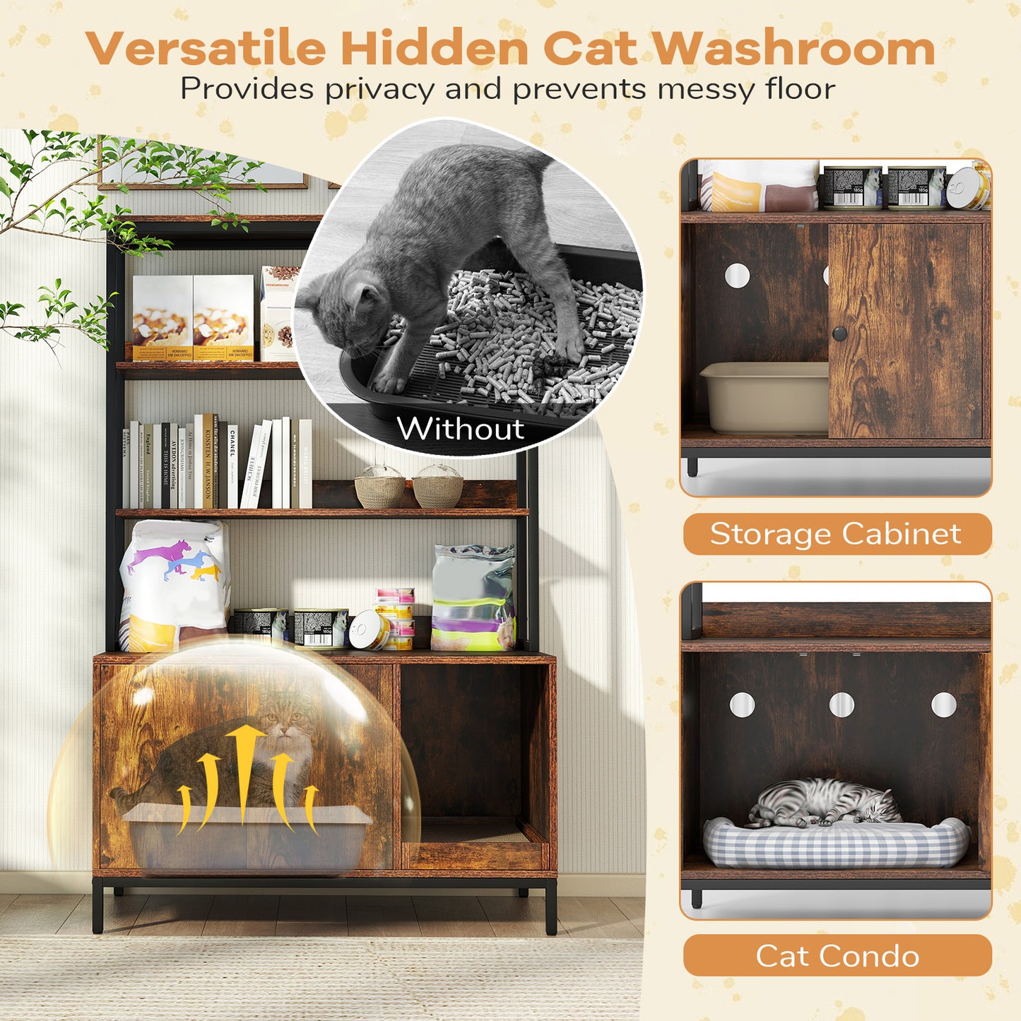 57 Inches Cat Litter Box Enclosure with Storage and Removable Scratcher-Coffee