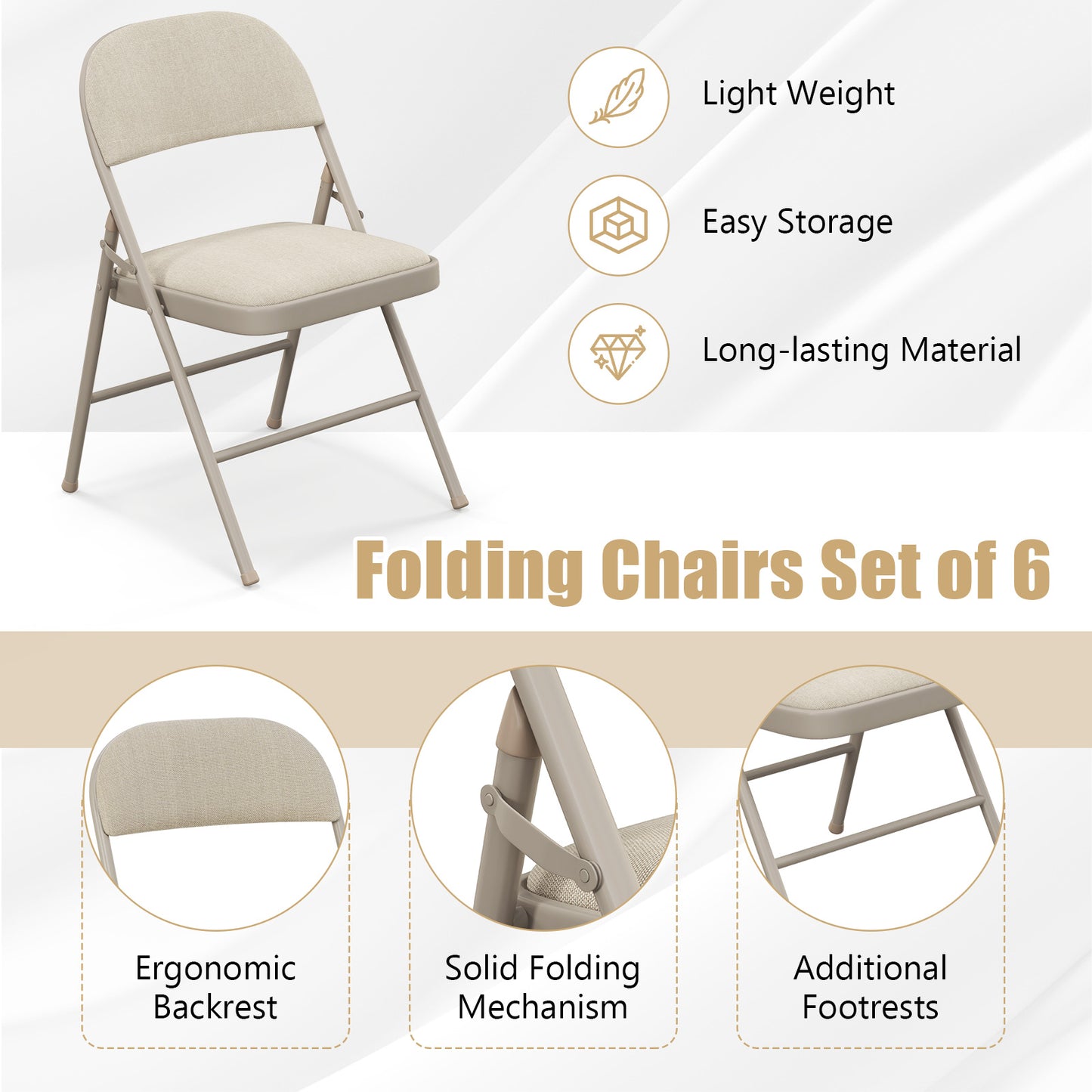 Foldable Chair Set of 6 with Padded Seat Seat and Fabric Covered Backrest-Set of 6