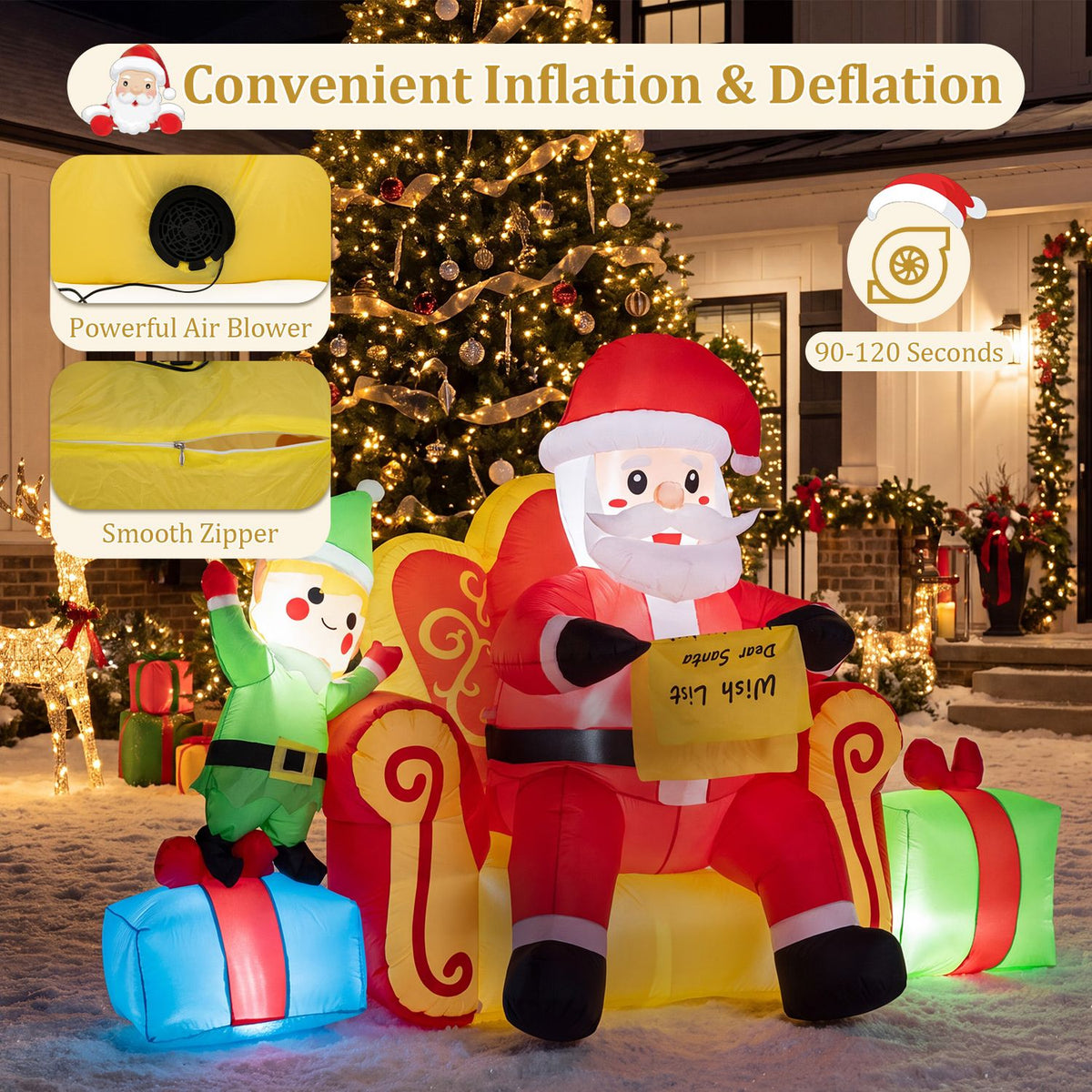 Christmas Inflatable Santa Claus on Sofa with Elf and Gift Boxes