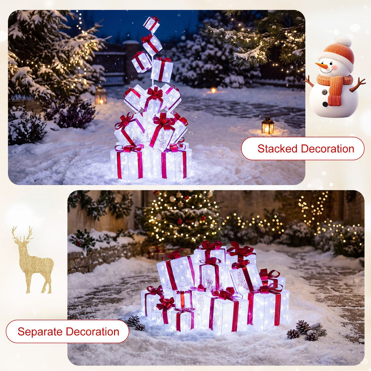 Christmas Lighted Gift Boxes with 483 Cold White LED Lights and 8 Ground Stakes for Yard-White