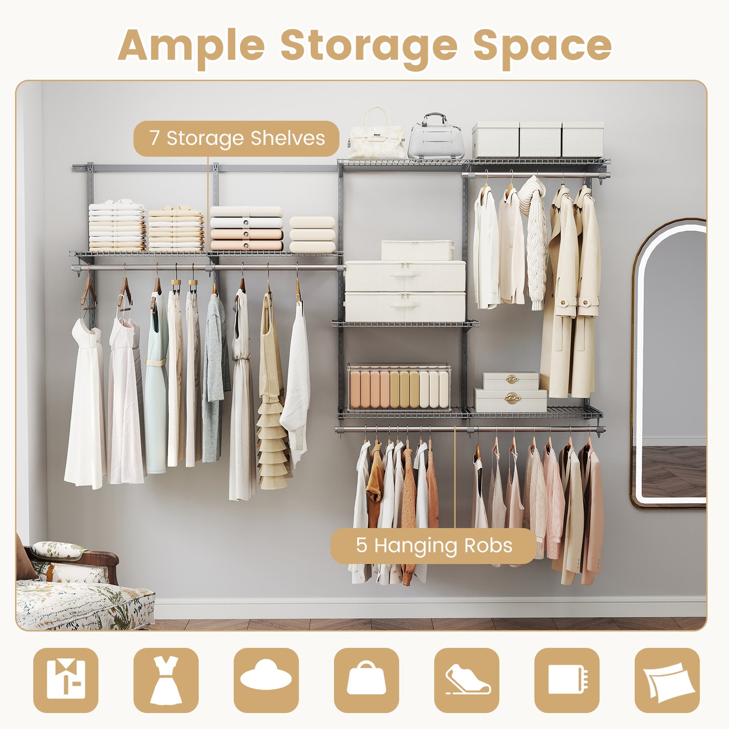 Closet System 4-8 FT Wall-Mounted Closet Shelves and Rod-Gray