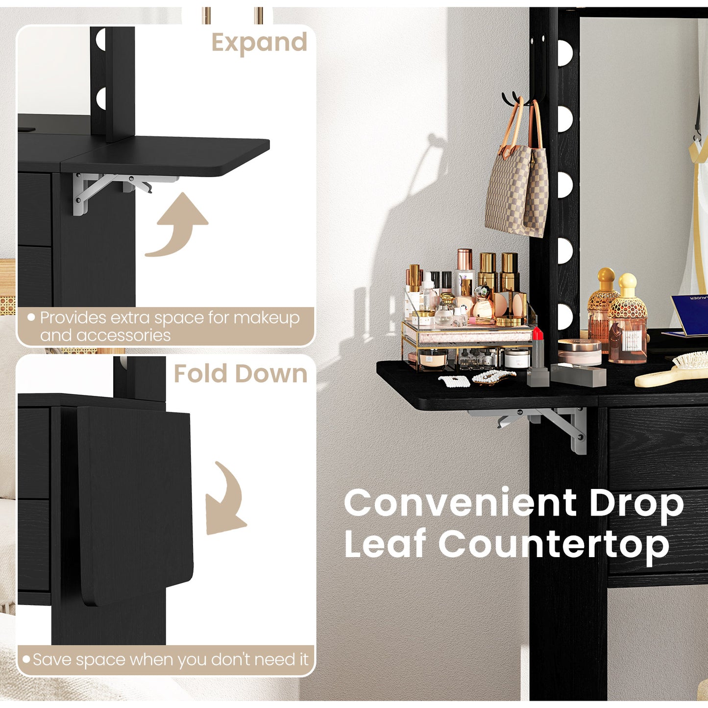 Compact Vanity Desk Set with 3-Color Lighted Mirror and Power Outlets-Black