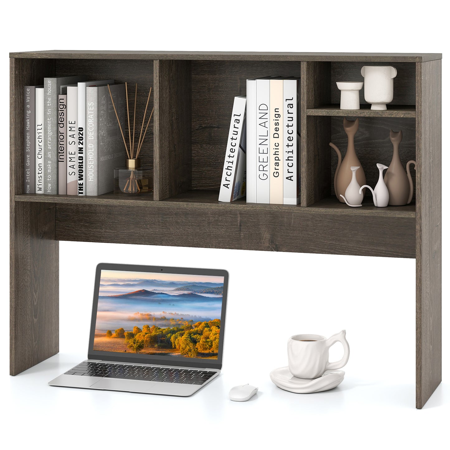 Computer Desktop Bookcase with 4 Cubbies and Open Back Compartment-Black - Gray