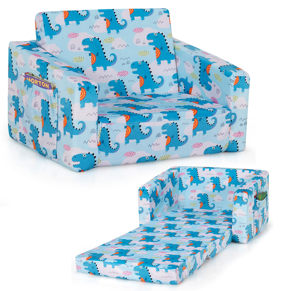 2-in-1 Convertible Kids Sofa with Velvet Fabric-Light Blue - Light Blue
