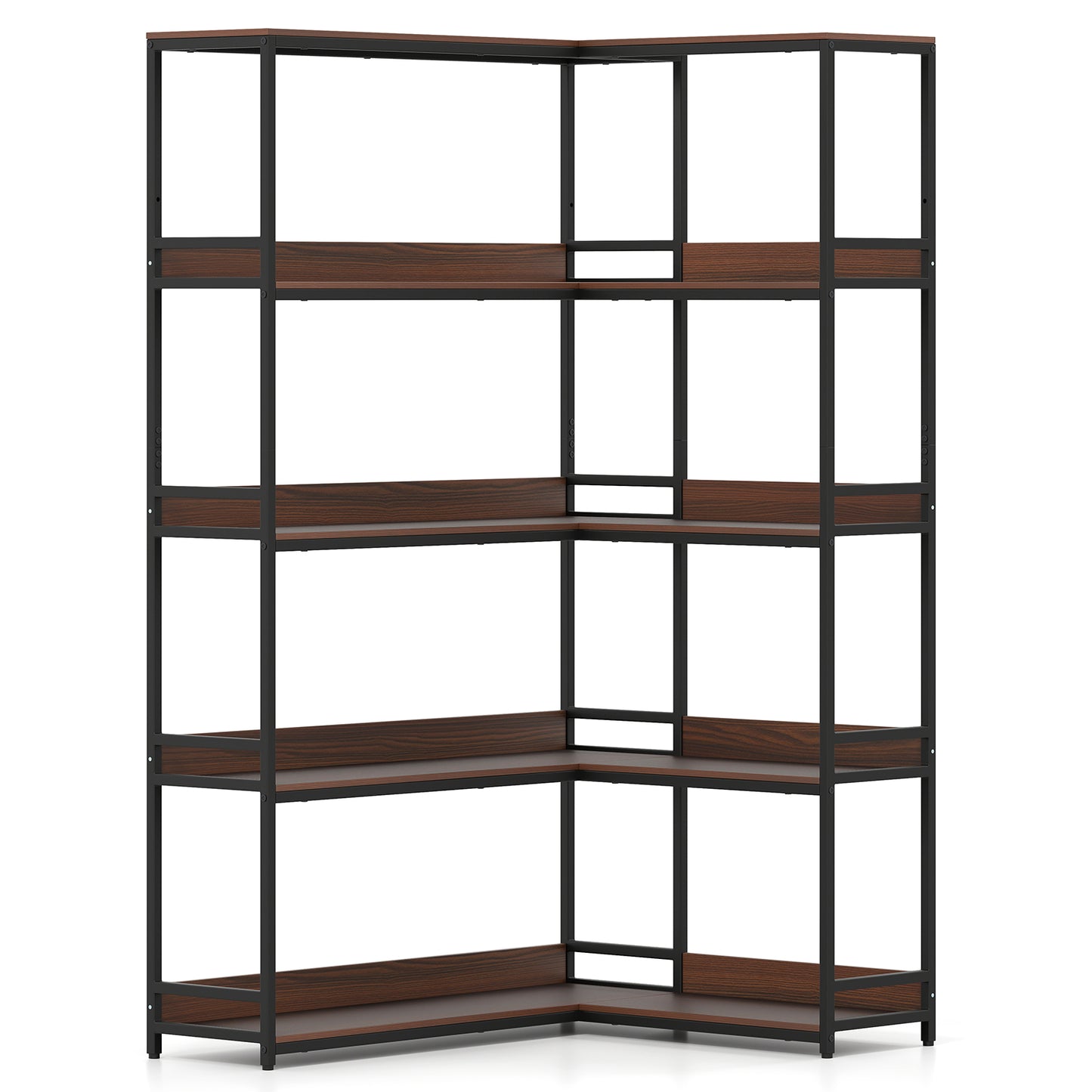 Corner Bookshelf 5-Tier L-Shaped Bookcase Etagere Bookshelf with Metal Frame-Walnut - Walnut
