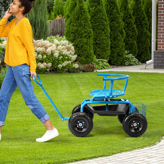 Cushioned Rolling Garden Cart Scooter with Storage Basket and Tool Pouch