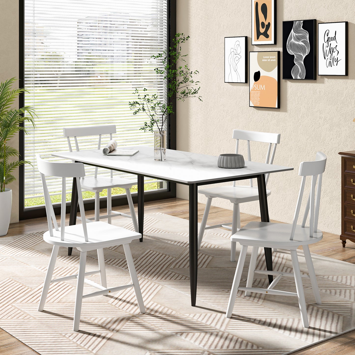 Windsor Style Armless Chairs with Solid Rubber Wood Frame-White - White