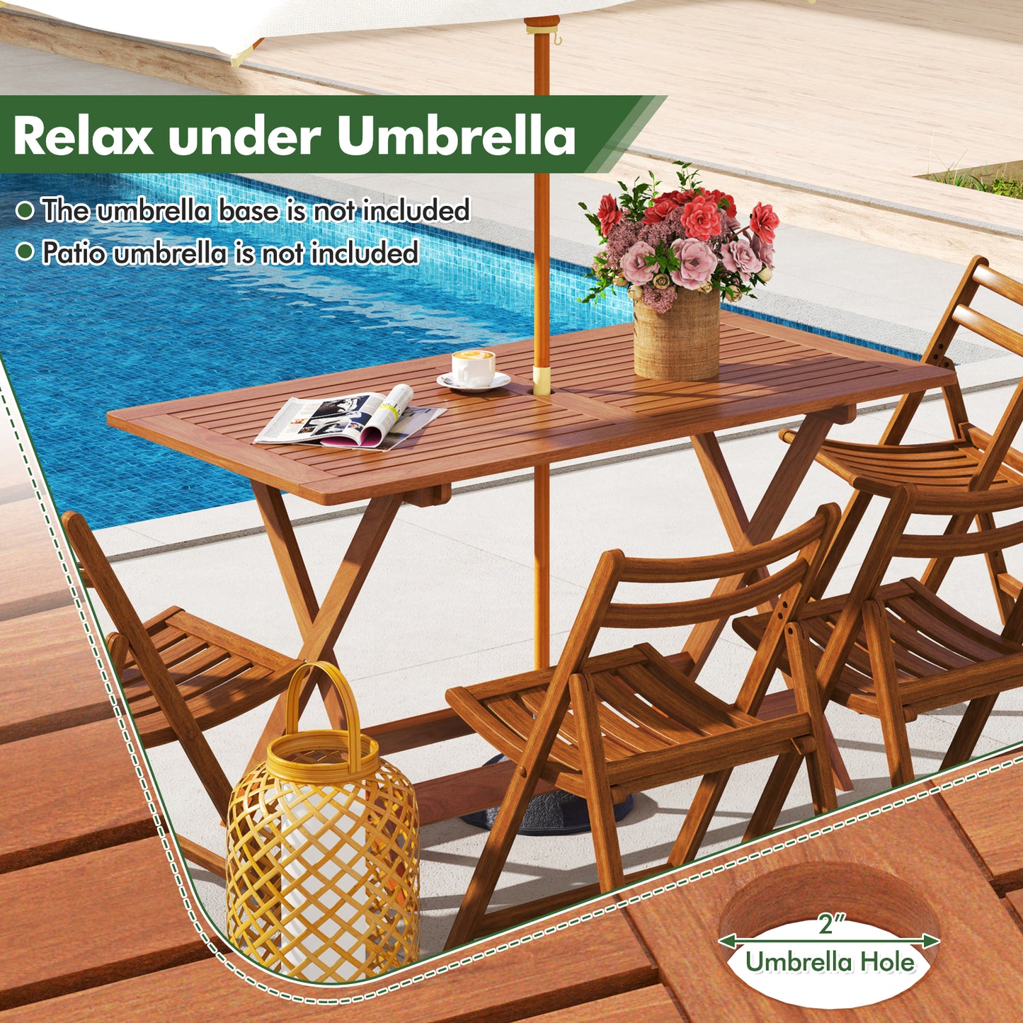 54.5 Inch x 27.5 Inch Patio Dining Table with Teak Painting and Umbrella Hole
