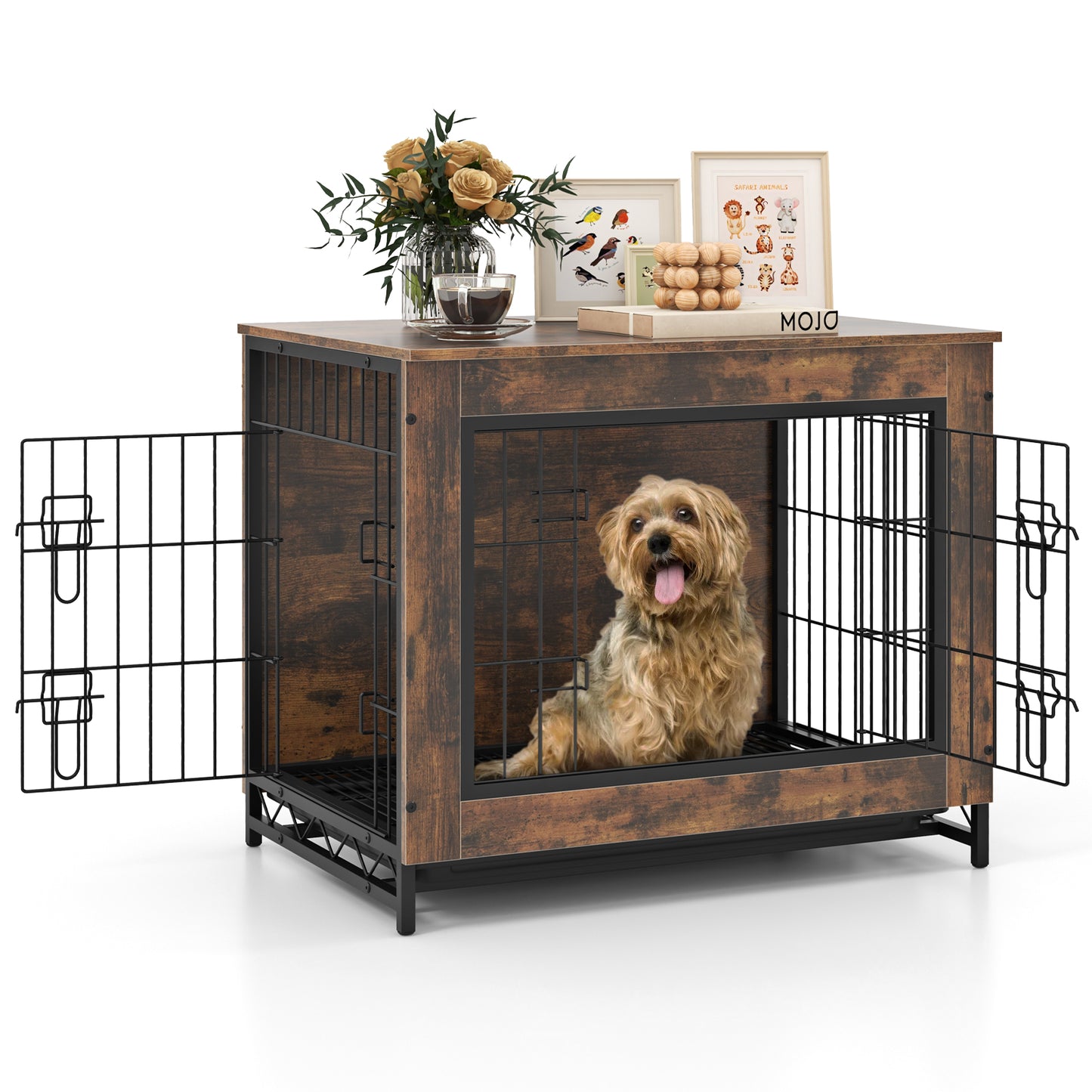 Dog Crate Furniture with Double Lockable Doors and Removable Pull-out Tray-S - S