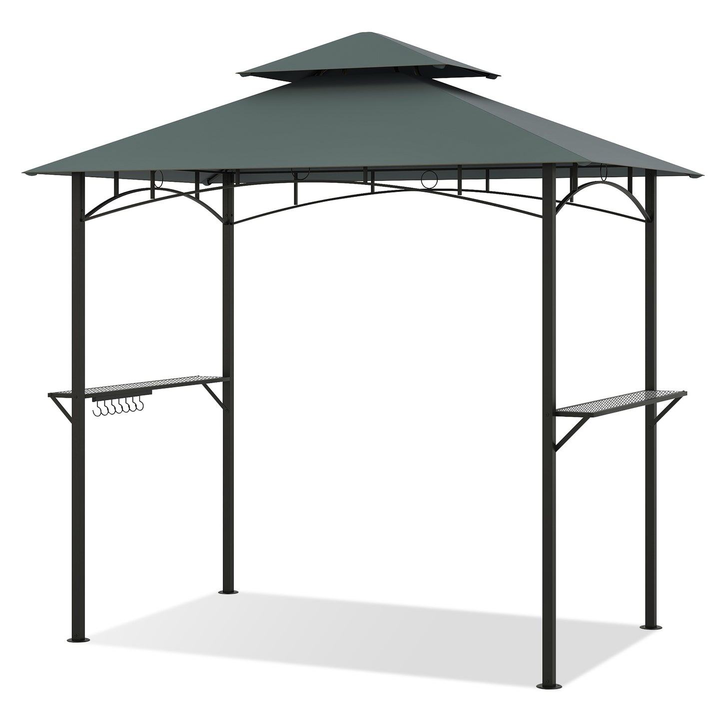 Outdoor Double-Tiered Grill Gazebo Canopy with 2 Shelves and 7 Hooks-Coffee - Gray