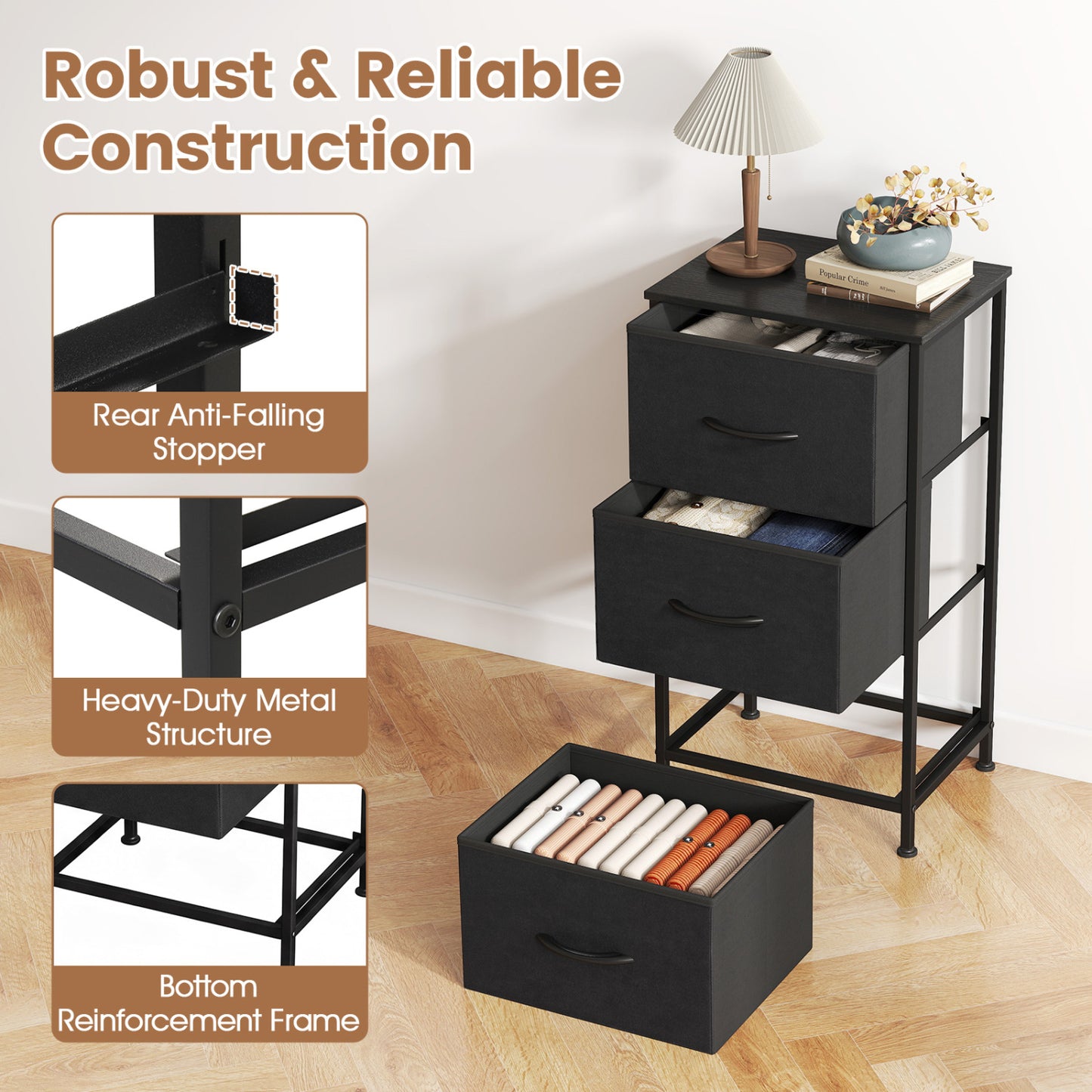 3-Drawer Fabric Dresser with Metal Frame for Bedroom Storage