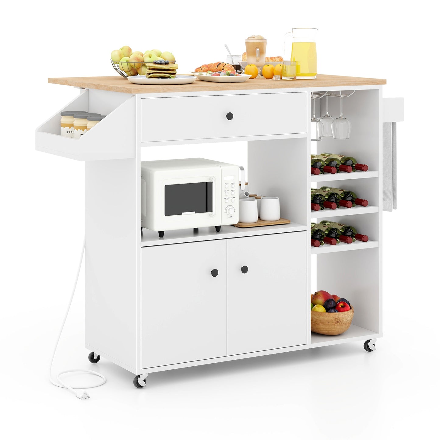 Drop Leaf Mobile Kitchen Island Cart with Power Outlet and Adjustable Shelf-Black and Natural - White