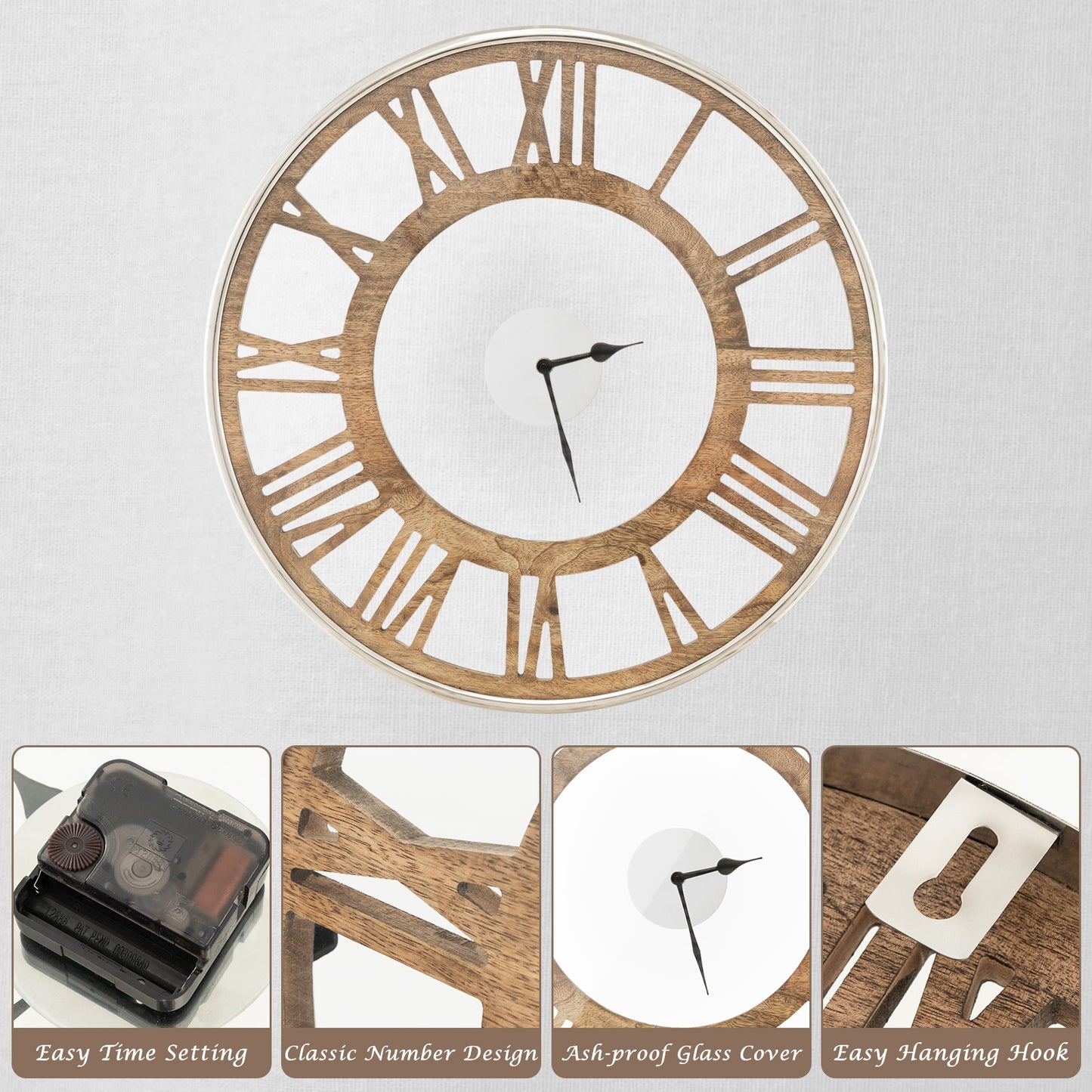 16-20 Inch Silent Wall Clock with Roman Numerals