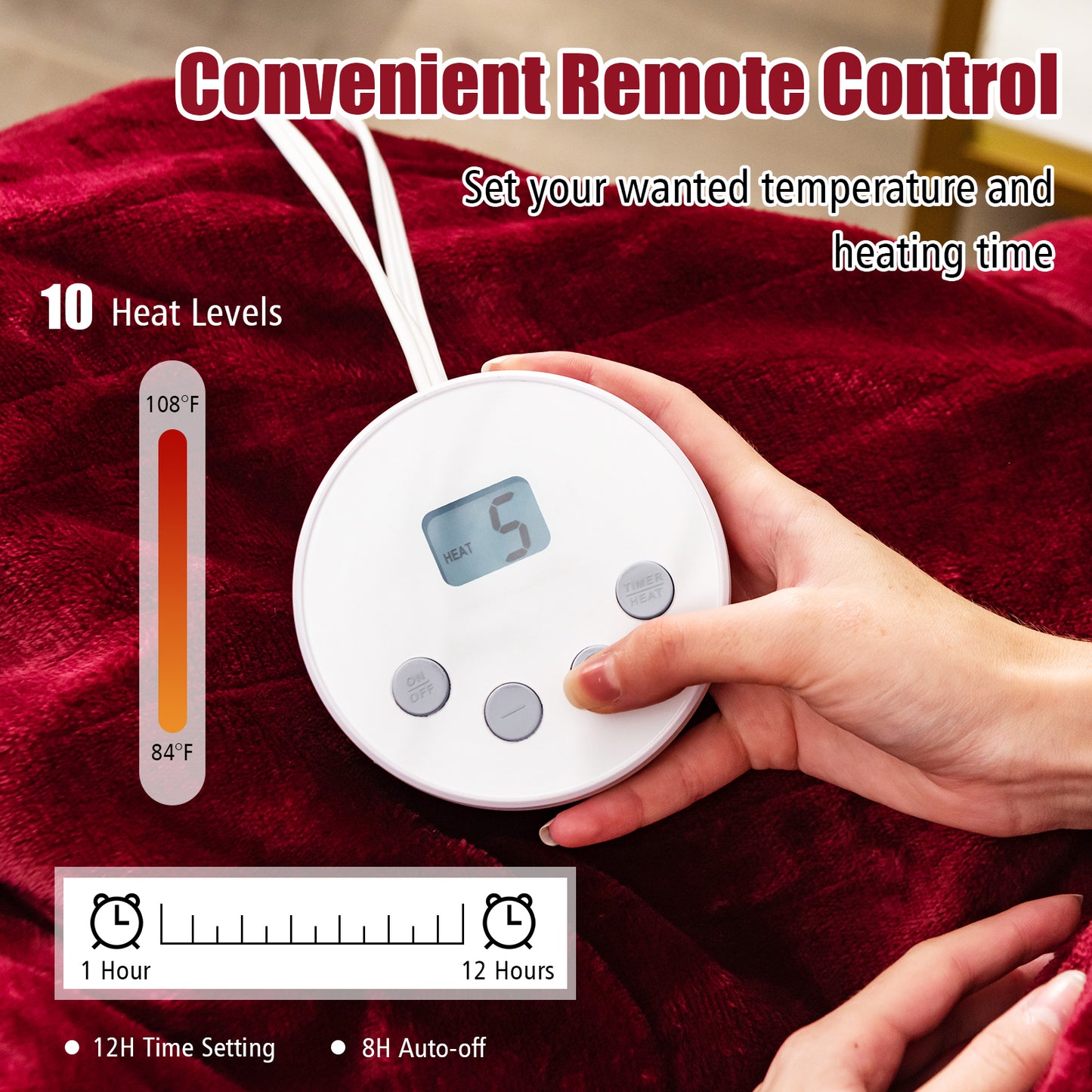 62 x 84 Inch Twin Size Electric Heated Throw Blanket with Timer-Red