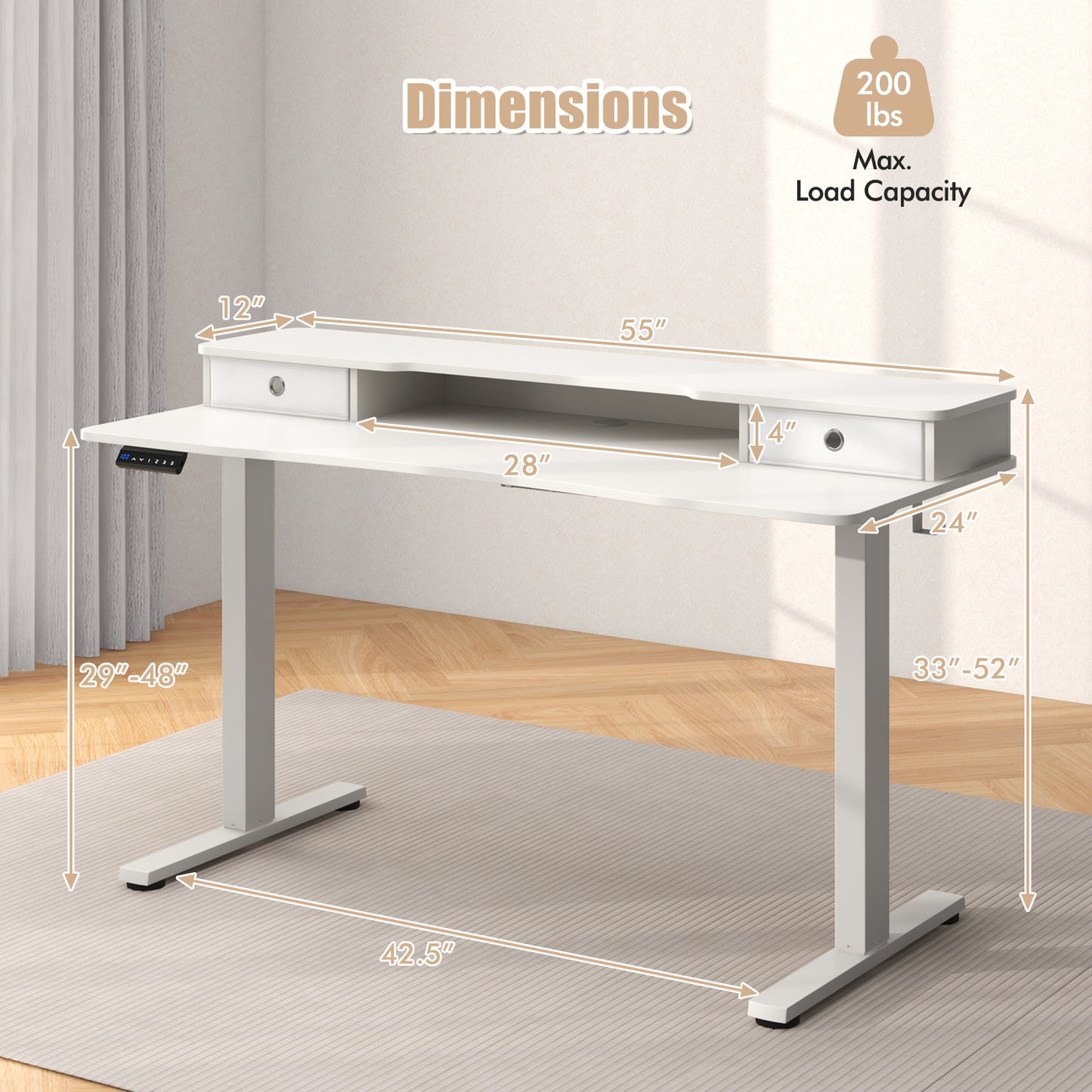 55 Inch x 24 Inch Height Adjustable Electric Standing Desk with 2 Drawers-Brown - White