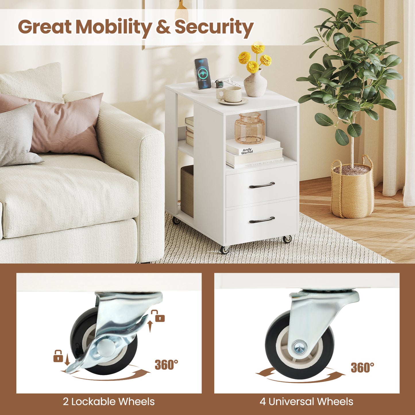 End Table with Built-in Charging Station Sofa Side Bedside Table on Wheels-White