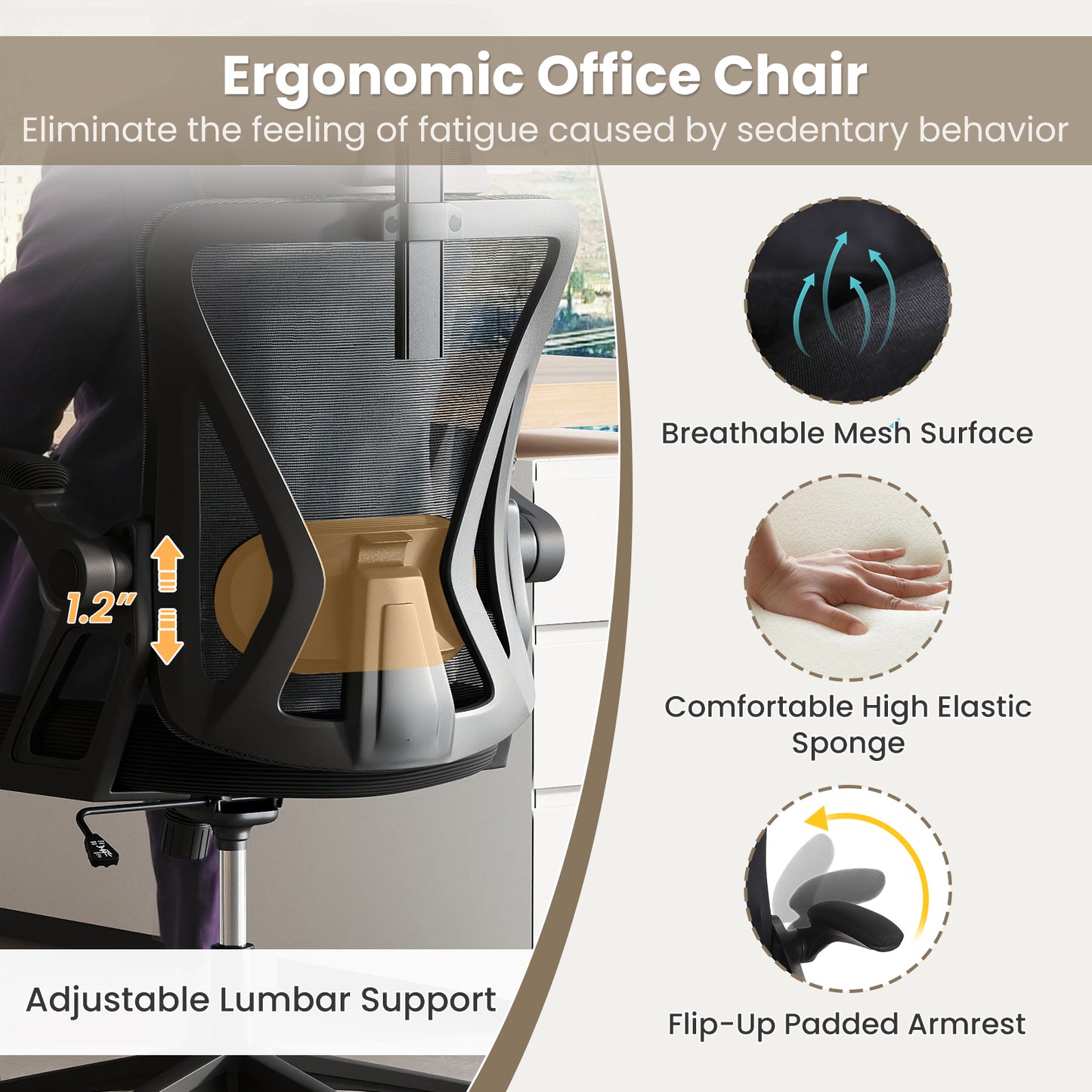 Ergonomic Mesh Office Chair with Adjustable Lumbar Support and Flip-up Armrests-Black