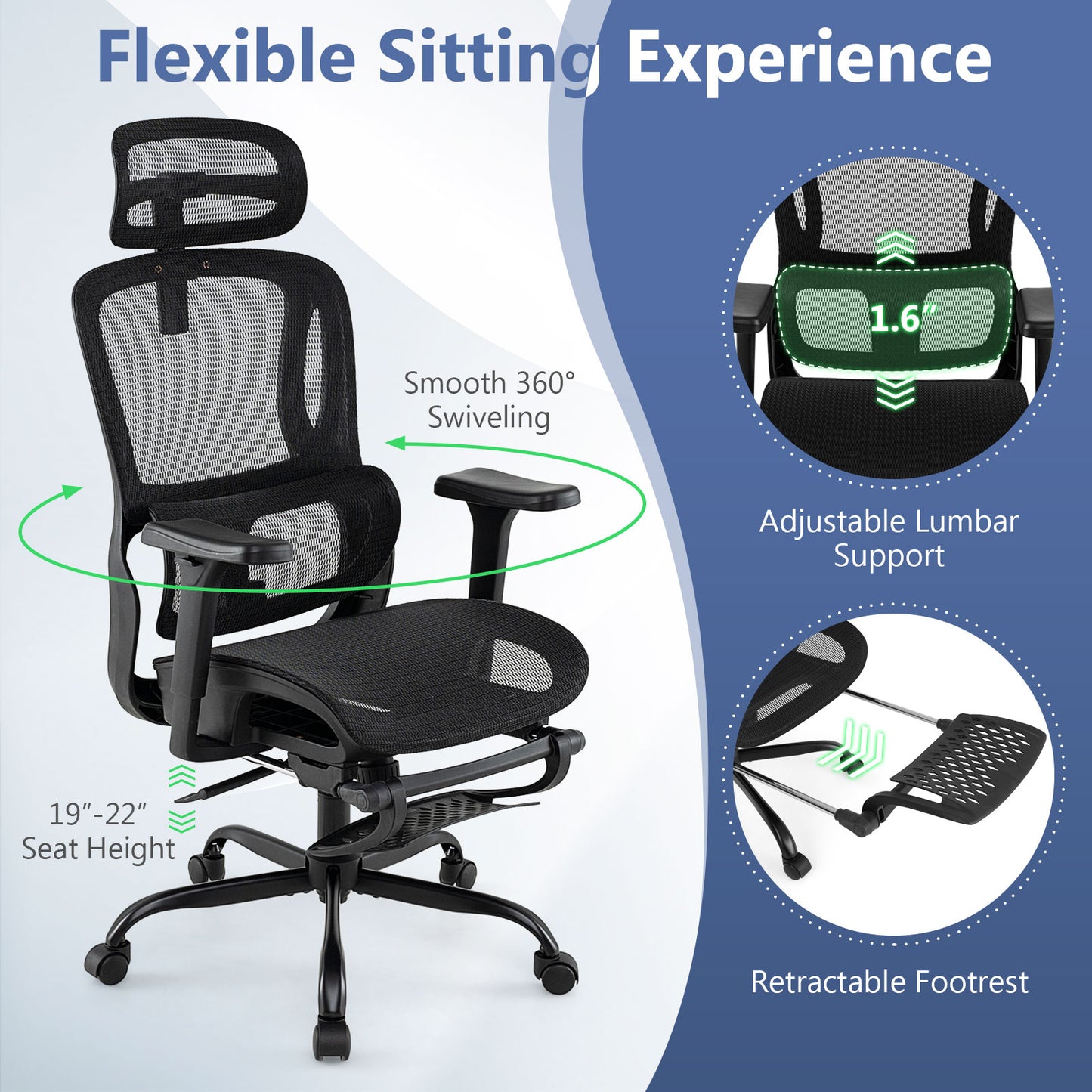 Ergonomic Office Chair Swivel Computer Desk Chair with Rotating Headrest-Black