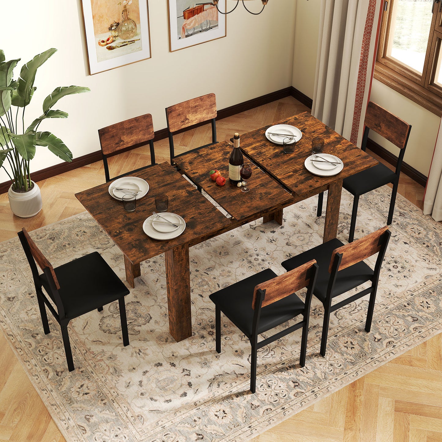 Extendable Dining Table for 4-8 People 47"-62" Large Rectangular Kitchen Table-Rustic Brown