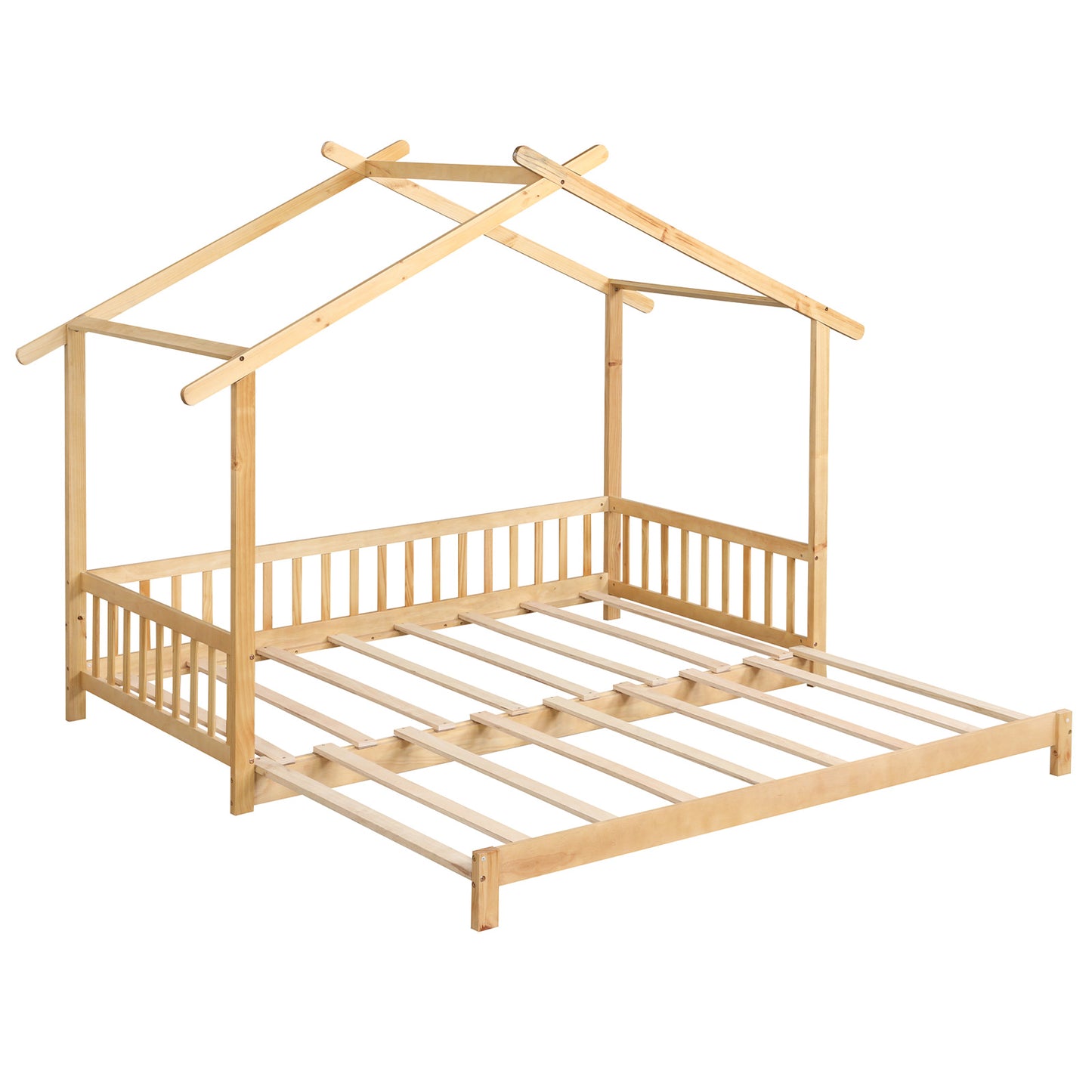 Extendable House Bed Twin to King Daybed with Roof and Fence Rails-Natural - Natural