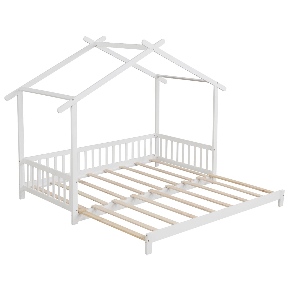 Extendable House Bed Twin to King Daybed with Roof and Fence Rails-Natural - White