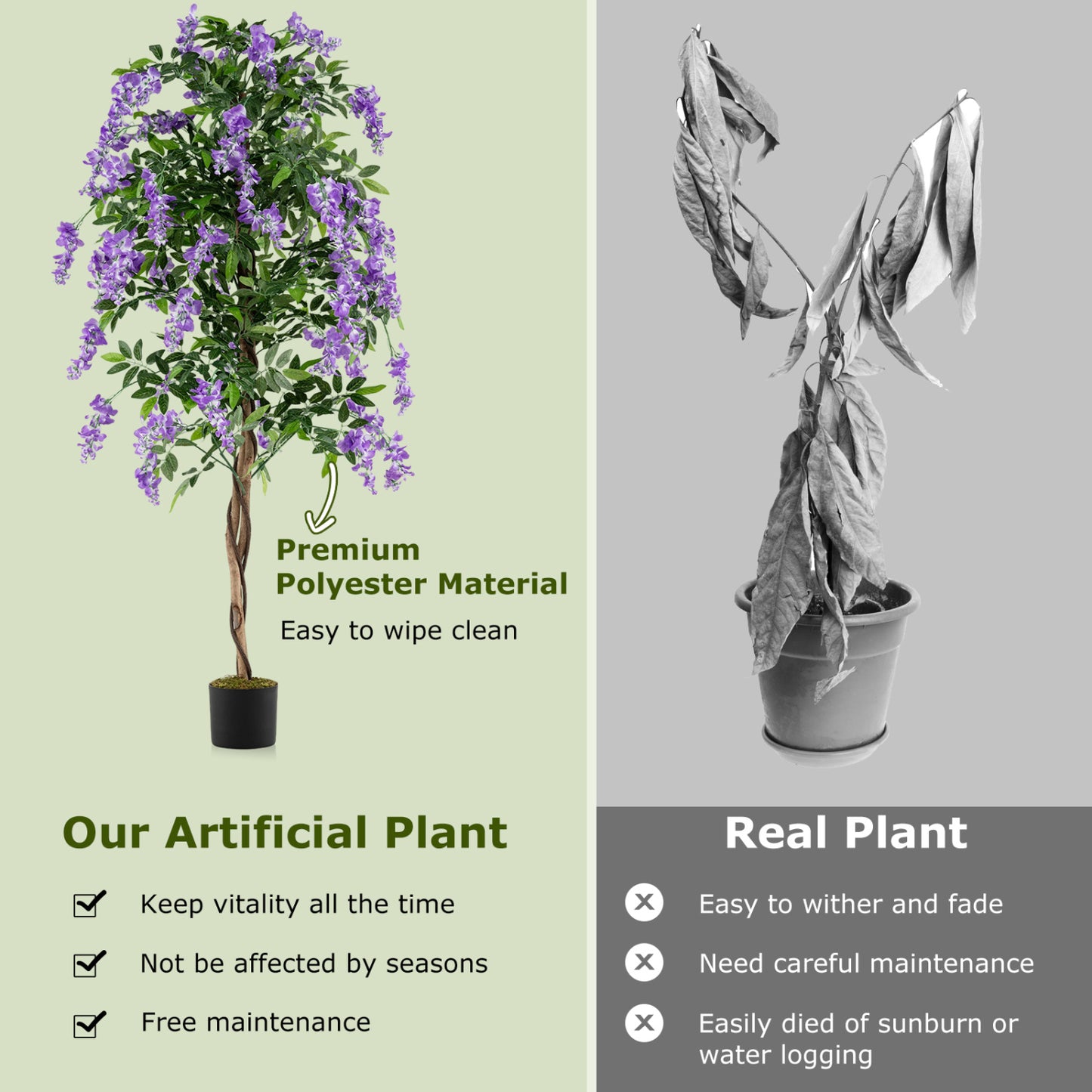 Fake Ficus Plant 6 FT Artificial Wisteria Tree with Natural Trunks and Purple Lifelike Flowers