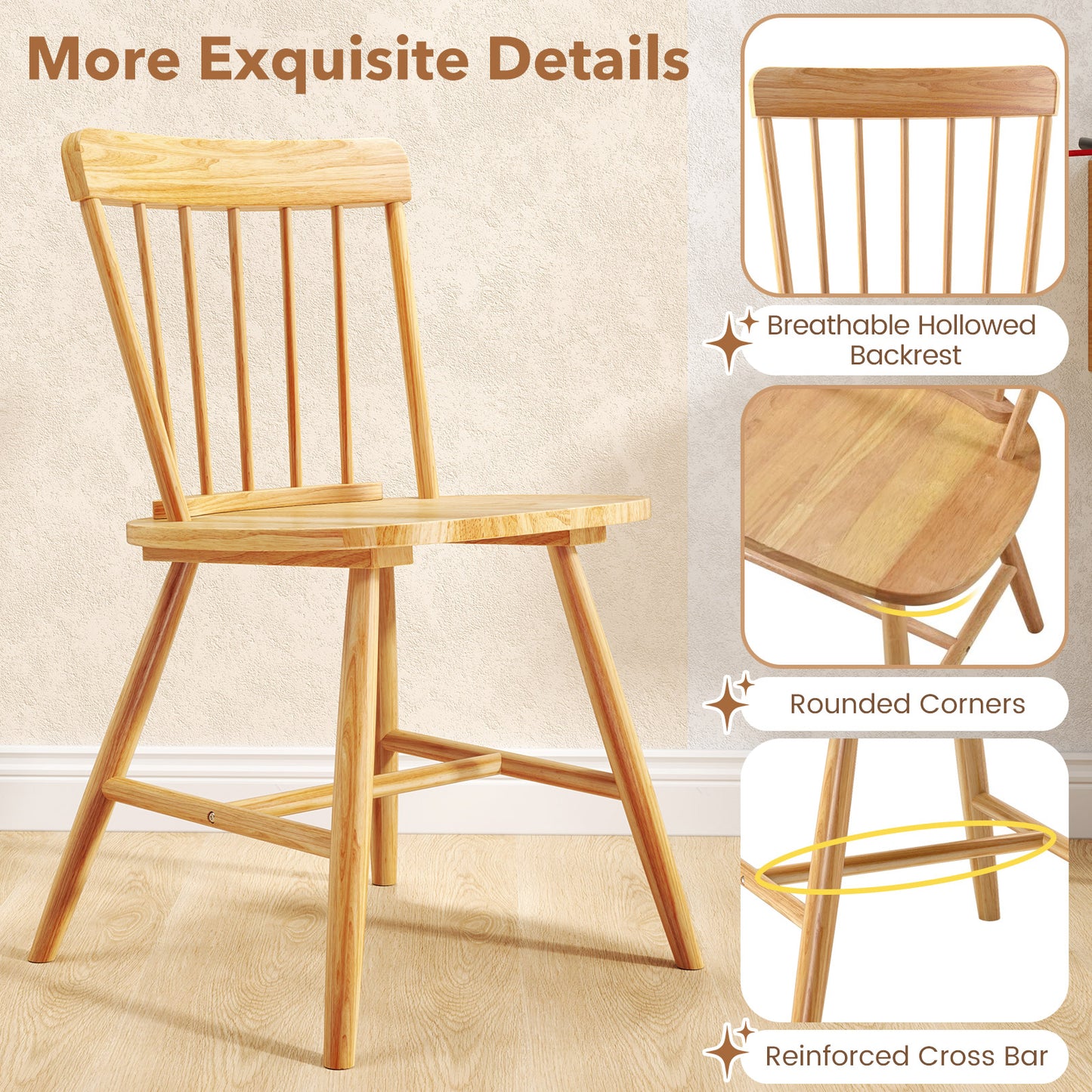 Farmhouse Kitchen Chair Set of 2 with Rubber Wood Frame-Natural