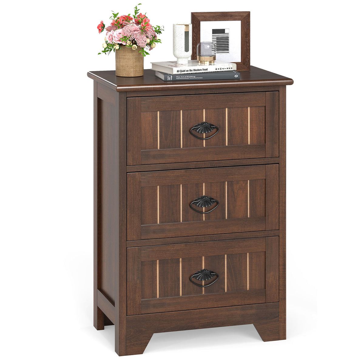 Farmhouse Nightstand with 3 Storage Drawers and Handles-Walnut - Walnut