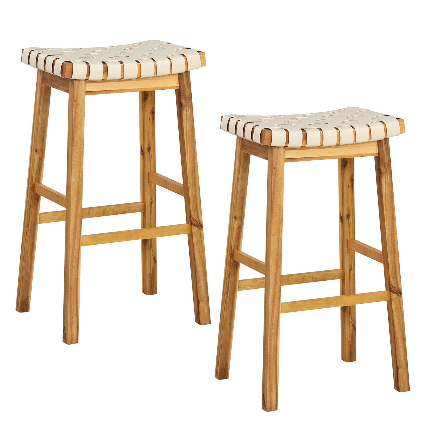 Faux PU Leather Bar Stools Set of 2 with Woven Curved Seat Natural-31 inches - 31 Inches