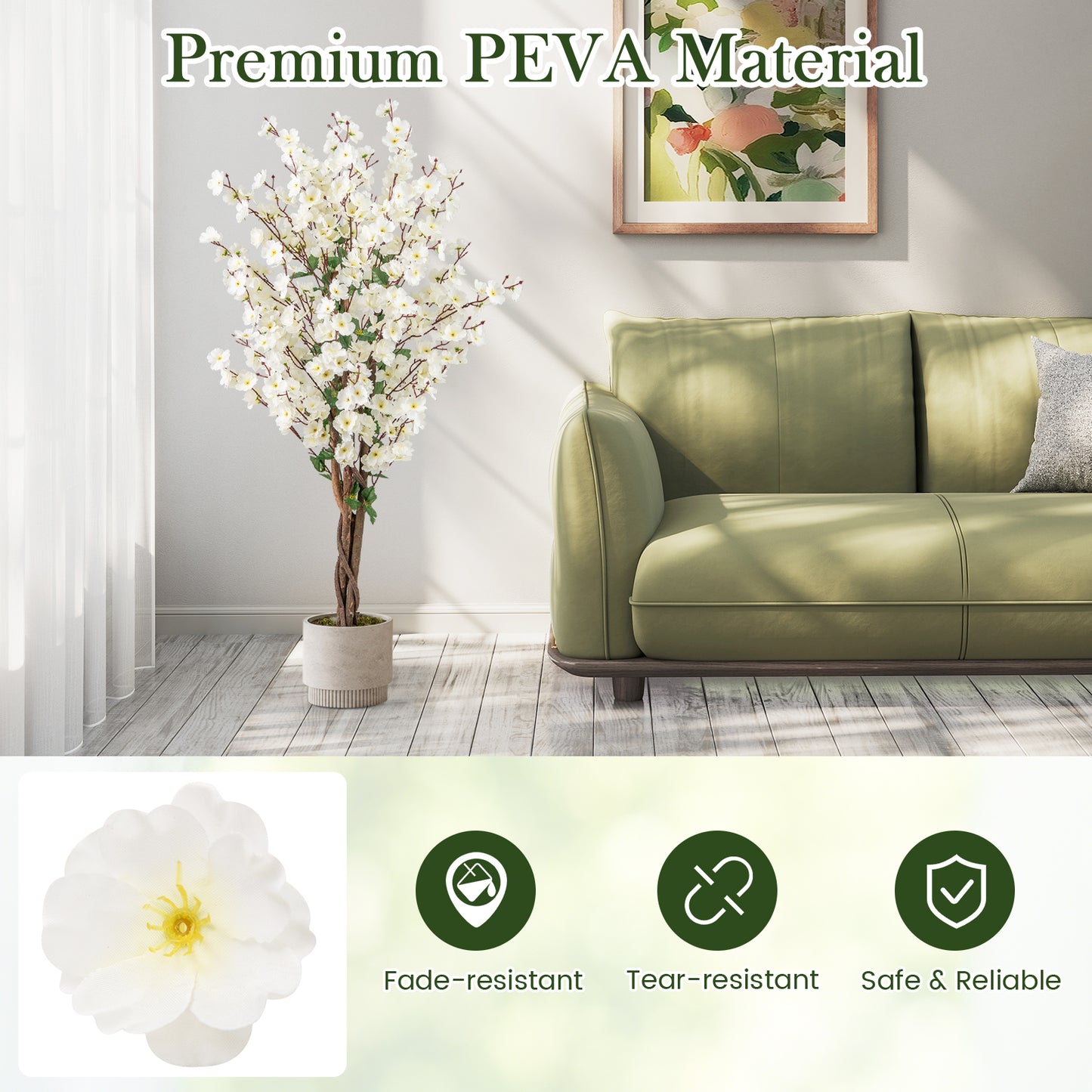 Faux Plum Blossom Plant with White Fabric Flower and Solid Wood Trunk-White