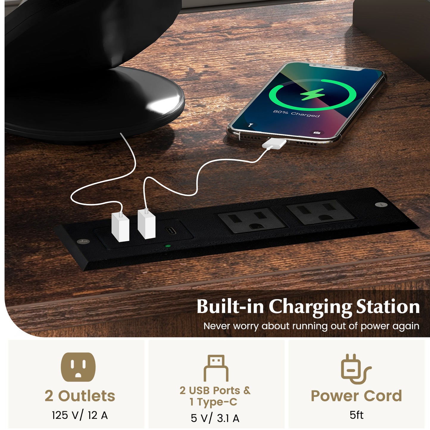 File Cabinet on Wheels with Charging Station and Cable Management Hole