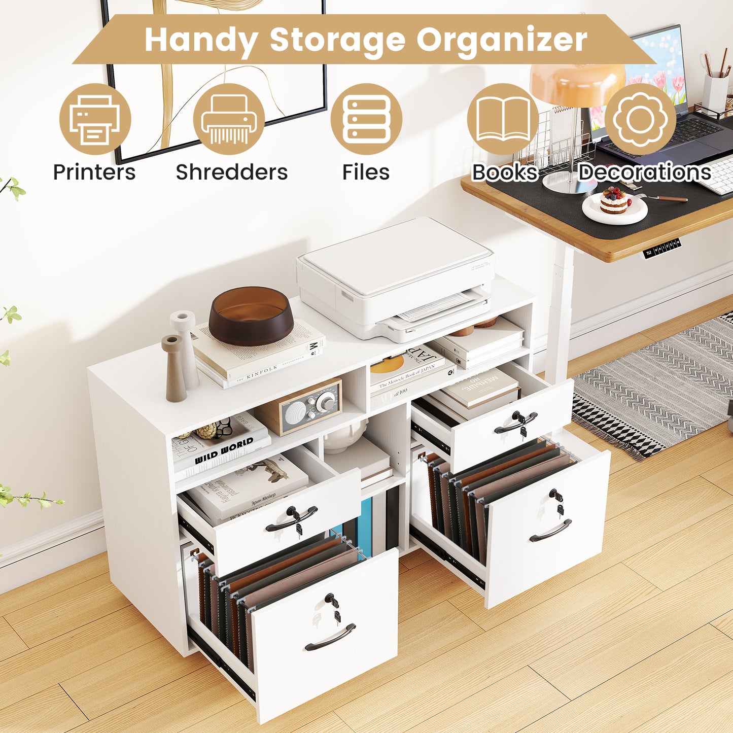 File Cabinet with Lock Mobile Lateral Filing Storage Organizer Modern Rolling Printer Stand-White