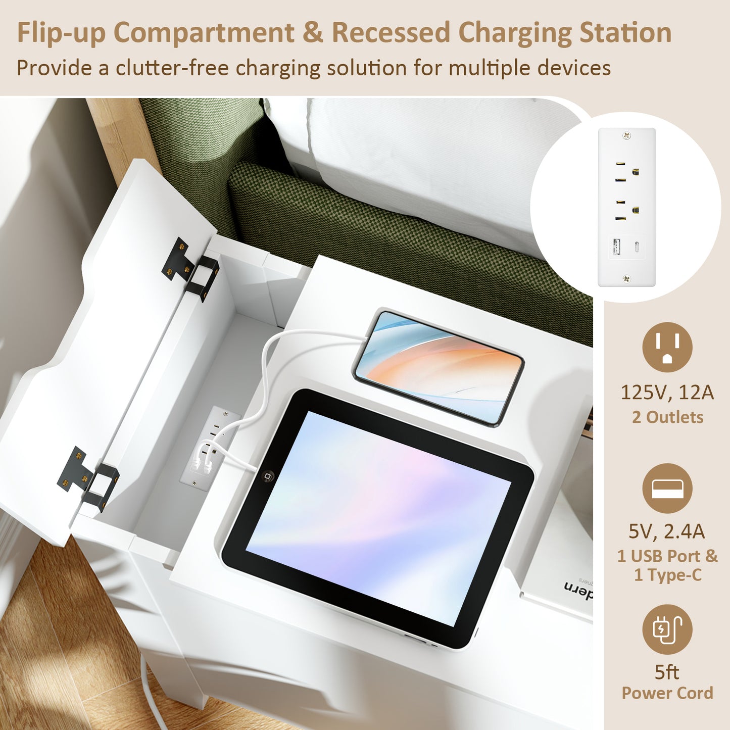 Flip Top End Table with Charging Station USB Ports Outlets and Drawer