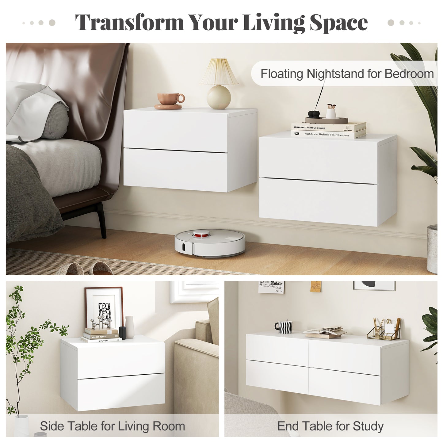 Floating Nightstand with Drawers and Storage Shelf-White