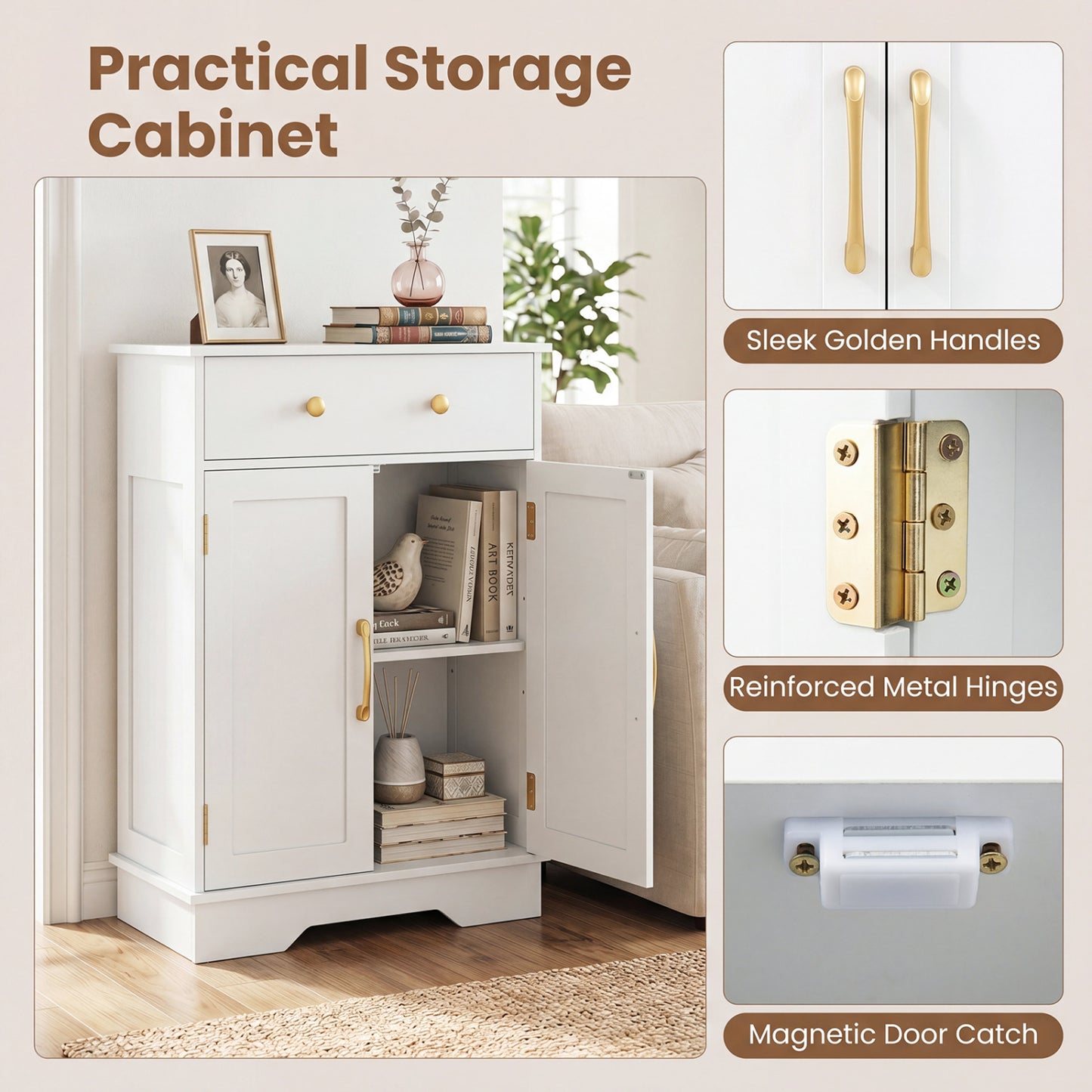 Floor Storage Cabinet with Drawer and Adjustable Shelf