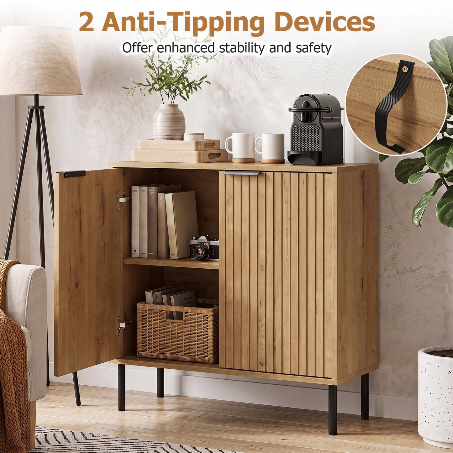 Fluted Buffet Cabinet with 2-Door Storage